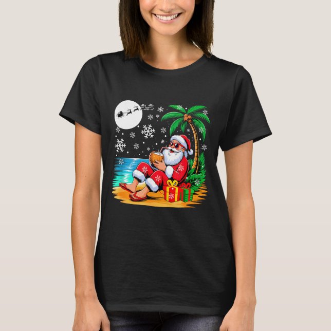 Camiseta Funny Santa Sungles Drinking Coconut On Beach Chri (Anverso)