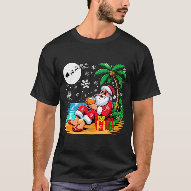 Camiseta Funny Santa Sungles Drinking Coconut On Beach Chri (Anverso)