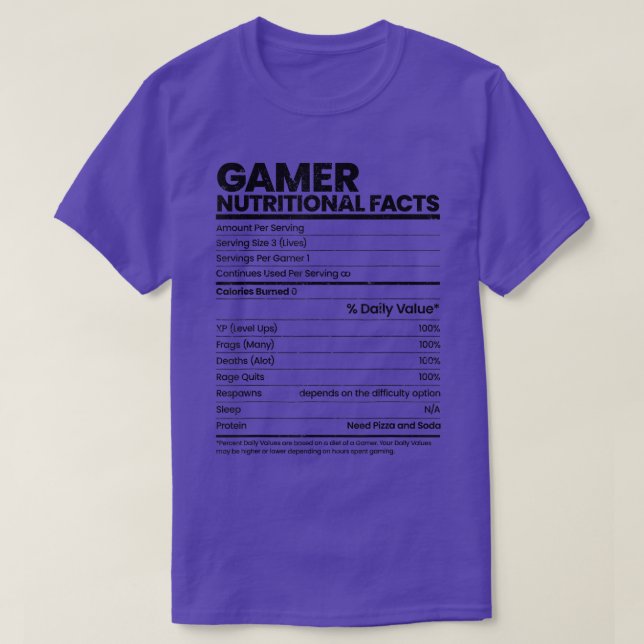 Camiseta Funny Sarcastic Gamer Nutritional Facts Cool Video (Diseño del anverso)