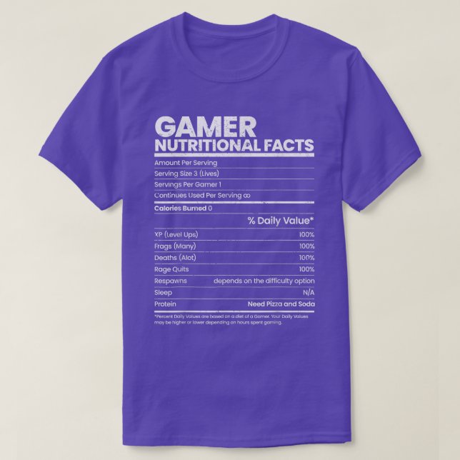 Camiseta Funny Sarcastic Gamer Nutritional Facts Cool Video (Diseño del anverso)