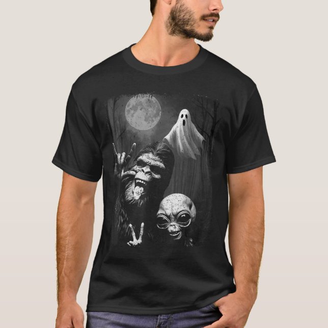 Camiseta Funny Sasquatch &amp; Alien Rock On Hand Sign Ghos (Anverso)