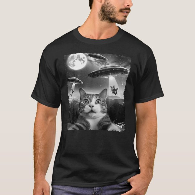 Camiseta Funny Scared Cat Selfie with Alien UFOs Gift Men W (Anverso)