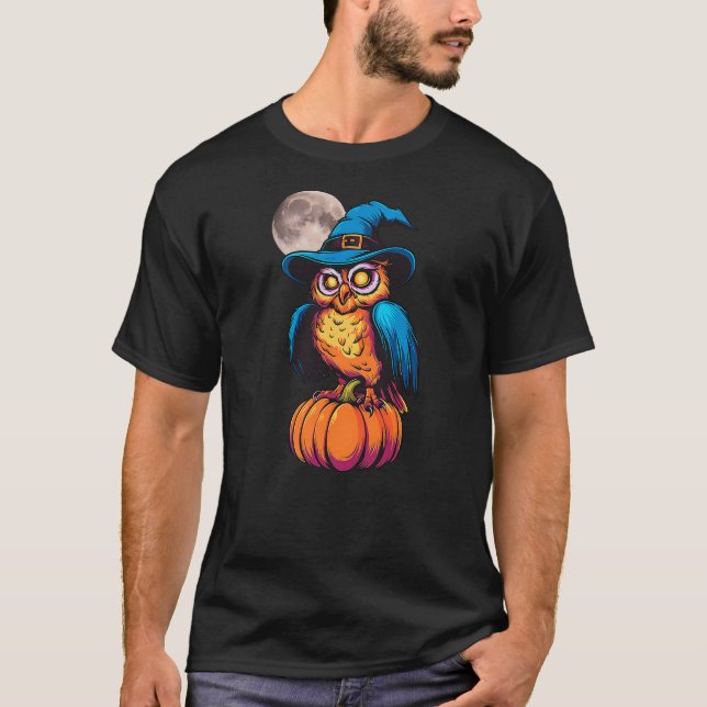 Camiseta Funny Scary Owl Witch Hat Pumpkin Halloween Owl Lo (Anverso)