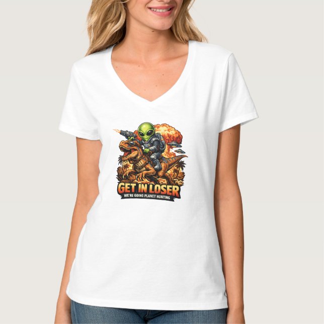Camiseta Funny Sci-Fi Fantasy Meme Art, Alien Riding Dinosa (Anverso)