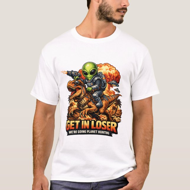 Camiseta Funny Sci-Fi Fantasy Meme Art, Alien Riding Dinosa (Anverso)