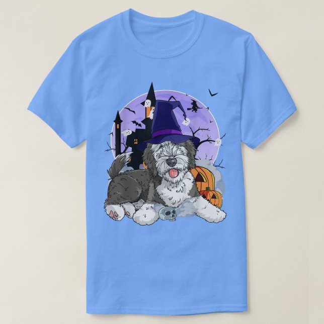 Camiseta Funny Sheepadoodle Dog Halloween Witch Pumpkin (Diseño del anverso)
