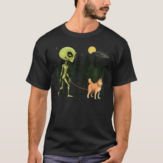 Camiseta Funny Shiba INu Alien Walking UFO Pet Dog Mom Dad (Anverso)