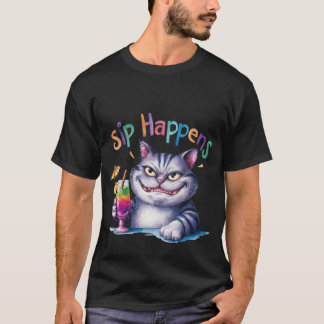 Camiseta Funny "Sip Happens"Watercolor Cat Cocktail🍹🐈