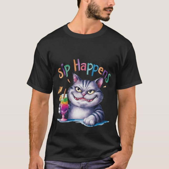 Camiseta Funny "Sip Happens"Watercolor Cat Cocktail🍹🐈 (Anverso)