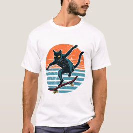 Camiseta Funny Skater Cat Riding Skateboard Retro Sunset