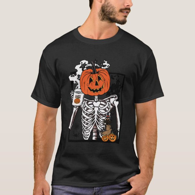 Camiseta Funny Skeleton Café Cups Retro Calabaza Hal (Anverso)