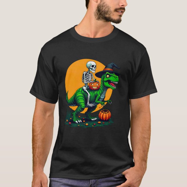 Camiseta Funny Skeleton Dinosaur T Rex Witch Gorra Hallowee (Anverso)