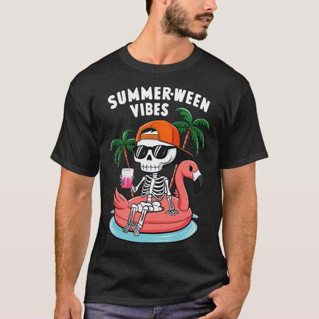 Camiseta Funny Skeleton Flamingo Summerween Vibes Halloween (Anverso)