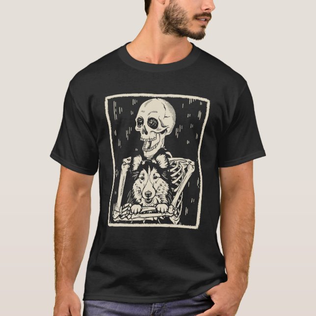 Camiseta Funny Skeleton Hugs Shetland Sheepdog Dog (Anverso)