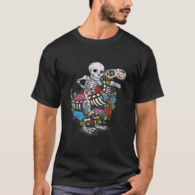 Camiseta Funny Skeleton Riding Dinosaur T Rex Dia De Los Mu (Anverso)