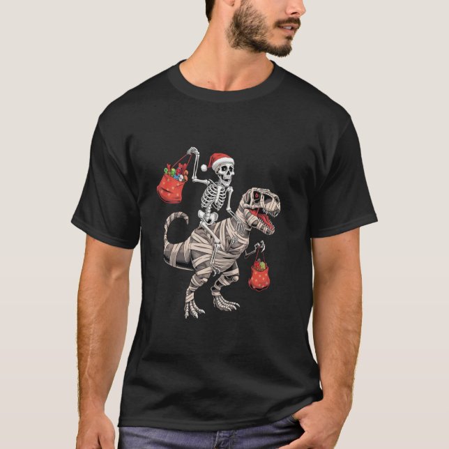 Camiseta Funny Skeleton Riding TRex Dinosaur Navidad Tee (Anverso)