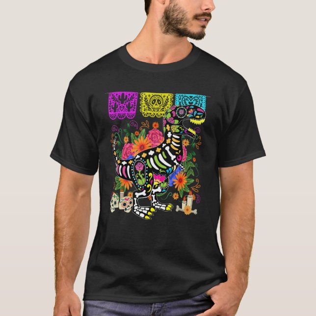Camiseta Funny Skull de azúcar T Rex Saurus Dia de Muertos  (Anverso)