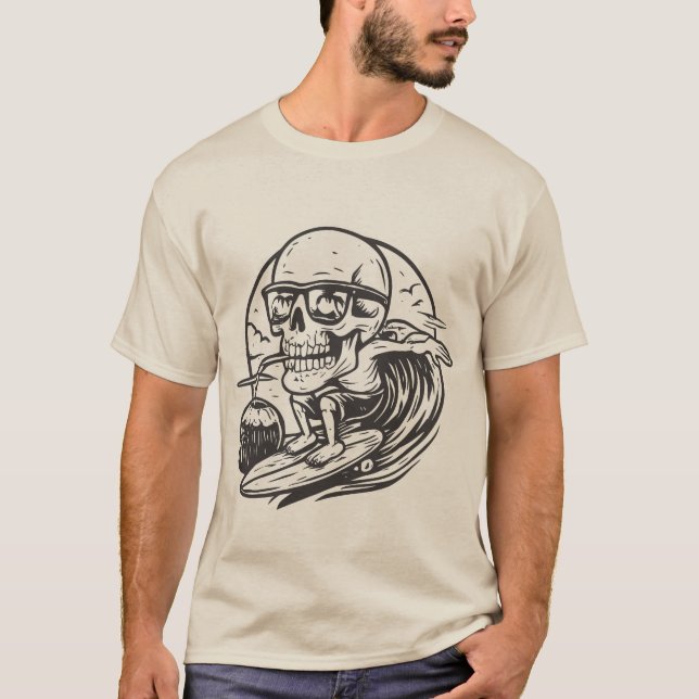 Camiseta Funny Skull Surfing Drinking Coconut Summer Beach  (Anverso)