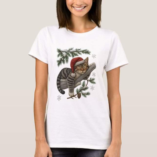 Camiseta Funny Sleeping Christmas Cat with Santa Hat (Anverso)