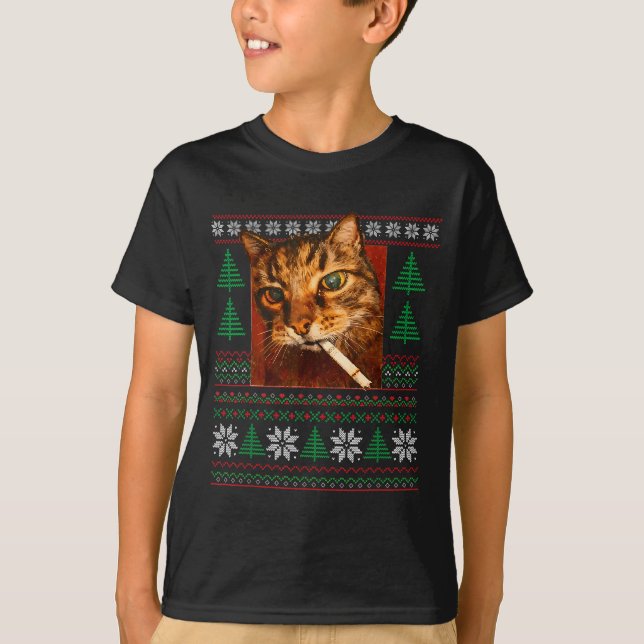 Camiseta Funny Smoking Cat Meme Christmas Ugly  (Anverso)