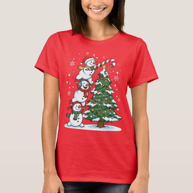 Camiseta Funny Snowmen and Christmas Tree Cute Holiday  (Anverso)