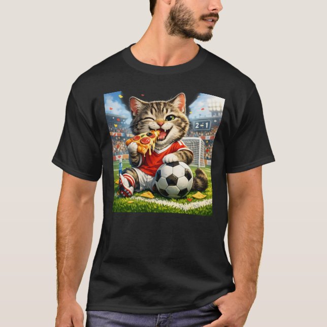 Camiseta Funny Soccer Cat Eating Pizza Cartoon Design (Anverso)