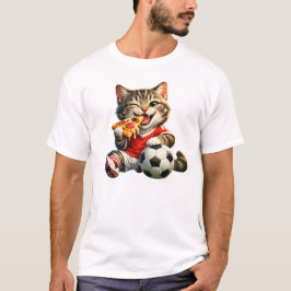 Camiseta Funny Soccer Cat Eating Pizza Cartoon Design