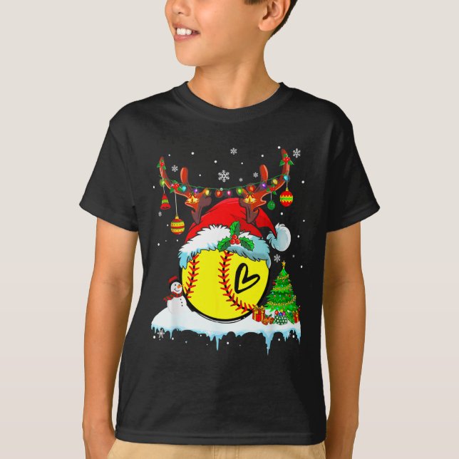 Camiseta Funny Softball Christmas Reindeer Santa Hat Lights (Anverso)