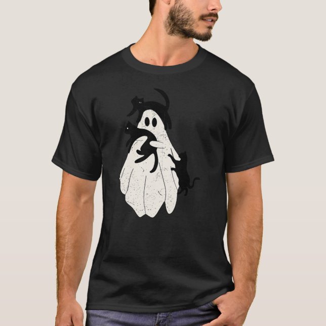 Camiseta Funny Spooky Ghost Hold Black Cat Halloween Men Wo (Anverso)