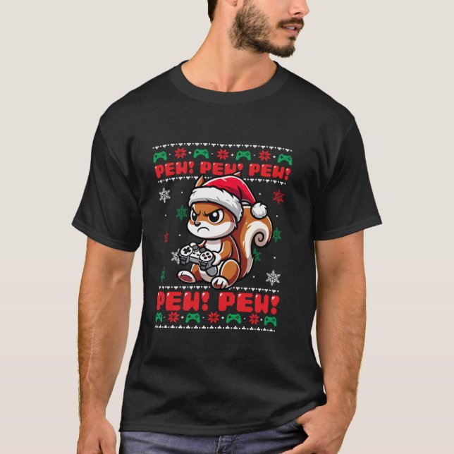 Camiseta Funny Squirrel Gamer Pew Video Game Navidades feos (Anverso)