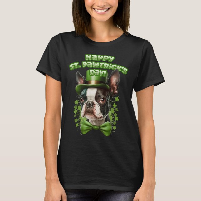 Camiseta Funny St. Patrick's Day Boston Terrier Pawstrick L (Anverso)
