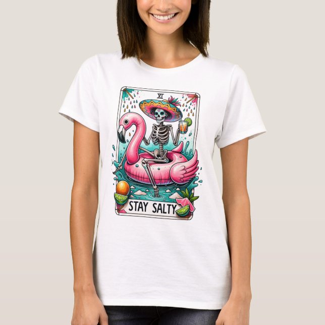 Camiseta Funny Stay Salty Flamingo Float Skeleton Tarot (Anverso)