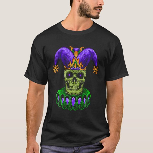 Camiseta Funny Sugar Skull Jester Gorra Mardi Gras Fiestas  (Anverso)