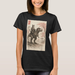 Camiseta Funny Sumi-e Kawaii Gato montando dinosaurios japo