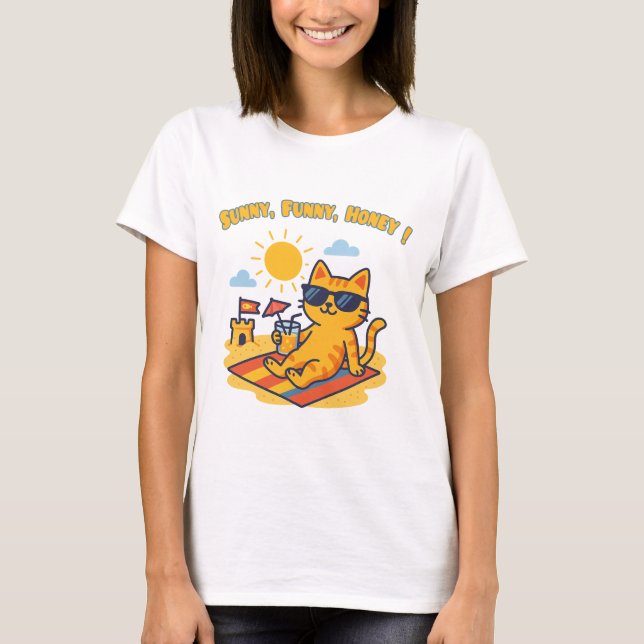 Camiseta Funny Summer Cat T-Shirt – "Sunny, Funny, Honey!" (Anverso)
