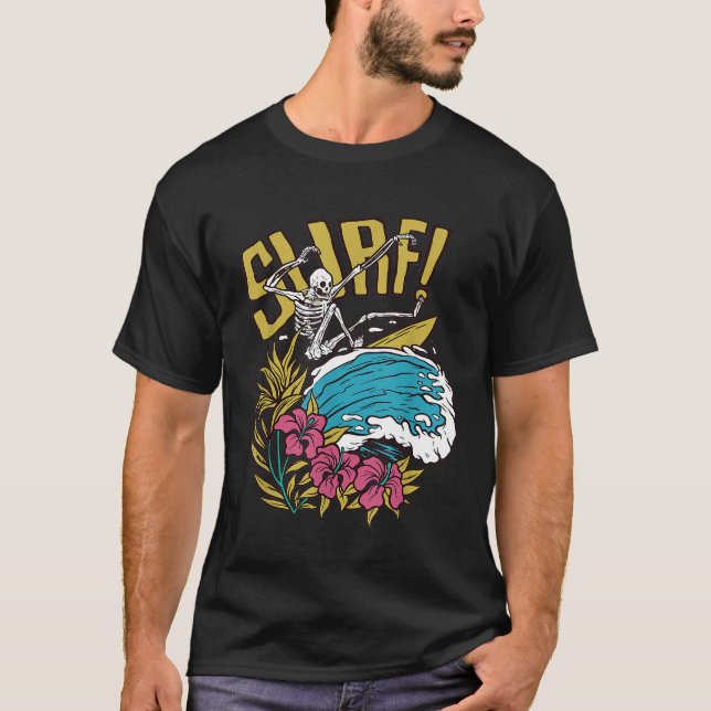 Camiseta Funny Surfing Skeleton Tattoo Art Ocean Surf Hallo (Anverso)