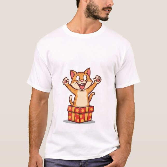 Camiseta Funny Surprised Cat Jumping Out of Gift Box✨🎁 (Anverso)