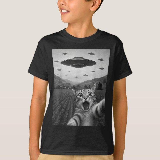Camiseta Funny Surprised Ed Cat Selfie With Alien Ufo Cat U (Anverso)
