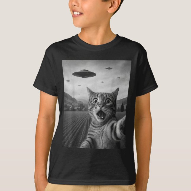 Camiseta Funny Surprised Ed Cat Selfie With Alien Ufo Cat U (Anverso)