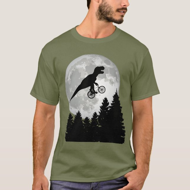 Camiseta Funny T-Rex volando en bicicleta con luna llena (Anverso)