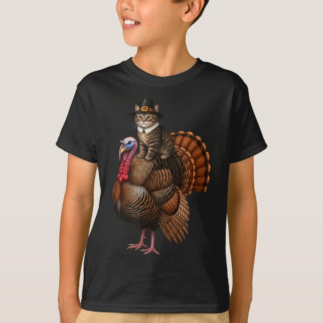 Camiseta Funny Thanksgiving Cat On Turkey, Lgrim Hat Turkey (Anverso)