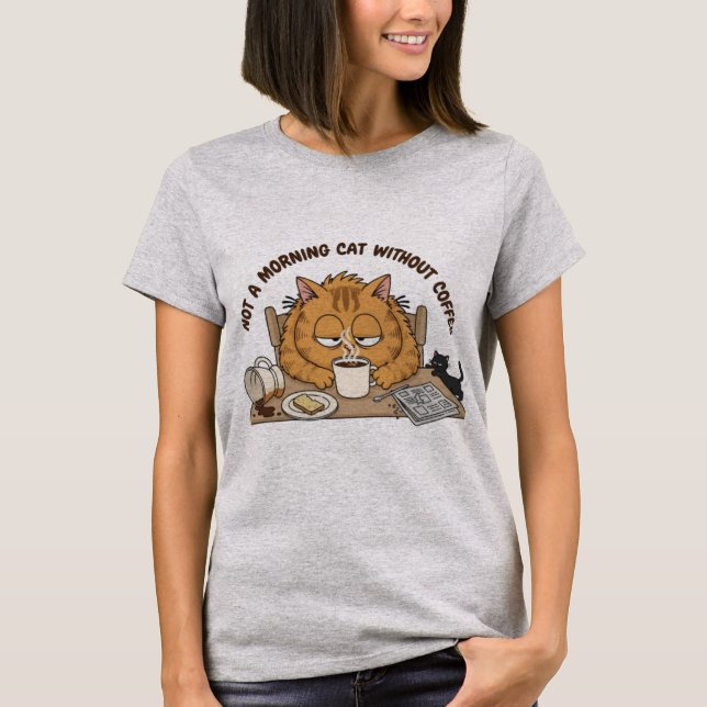 Camiseta Funny Tired Orange Cat Breakfast Illustration (Anverso)