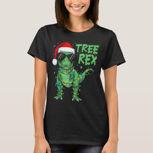 Camiseta Funny Tree Rex Christmas Dinosaur Santa Hat Lights (Anverso)