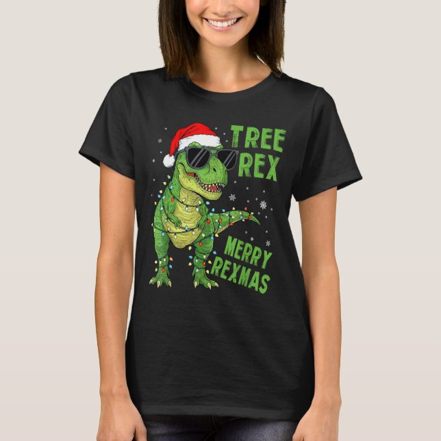 Camiseta Funny Tree Rex Christmas Dinosaur Santa Hat Lights (Anverso)
