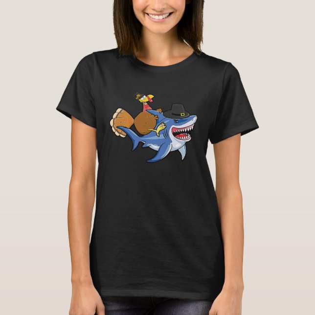 Camiseta Funny Turkey Riding Shark Cute Turkey Thanksgiving (Anverso)