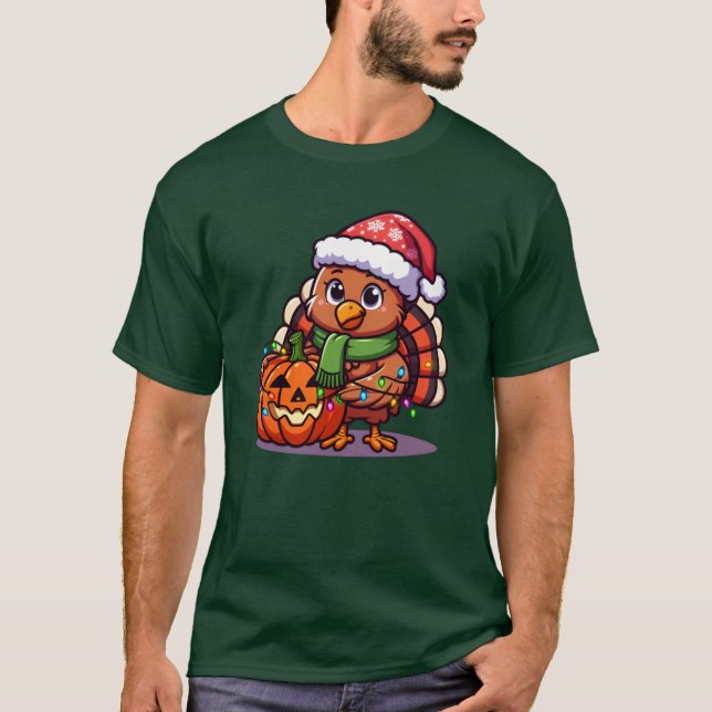 Camiseta Funny Turkey with Pumpkin Wrapped in Lights Thanks (Anverso)