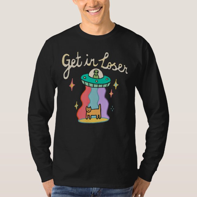 Camiseta Funny UFO Retro Get in Loser UFO Alien Cat Space L (Anverso)