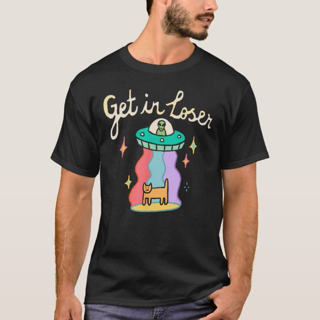 Camiseta Funny UFO Retro Get in Loser UFO Alien Cat Space L (Anverso)