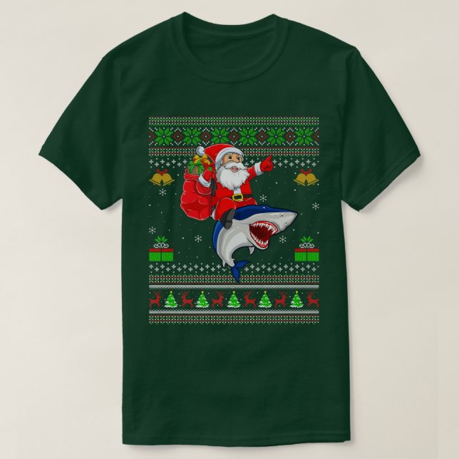 Camiseta Funny Ugly Xmas Santa Riding Blue Shark Fish Chris (Diseño del anverso)