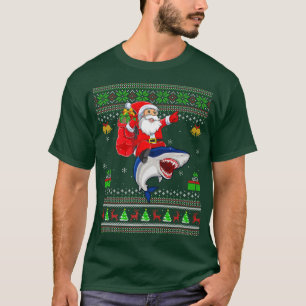 Camiseta Funny Ugly Xmas Santa Riding Blue Shark Fish Chris